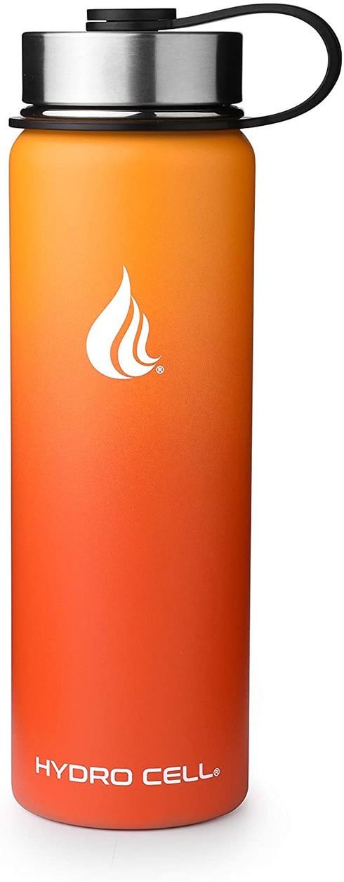 HYDRO CELL Stainless Steel Water Bottle w/ Straw & Wide Mouth Lids (64oz 40oz 32oz 24oz 18oz 14oz) - Keeps Liquids Perfectly Hot or Cold with Double Wall Vacuum Insulated Sweat Proof Sport Design (Red/Orange 24oz)