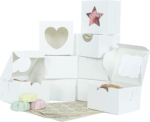 Ghilia 85pcs 4x4x2.5 Inches White Cake Boxes, Bakery Boxes with Window, Small Pastry Boxes, Cupcake Boxes, Gift Boxes for Candy, Chocolate, Donuts, Fruits and Party.