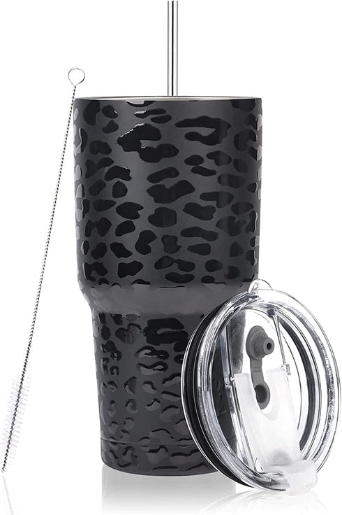 30oz Tumbler Stainless Steel Insulated Travel Mug with Straw Lid Cleaning Brush (Black Leopard)
