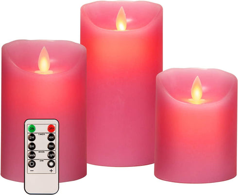 Aku Tonpa 3.15" x 4" 5" 6" Set of 3 Flameless Candles Battery Operated Pillar Real Wax Electric LED Candle Set with Remote Control and Timer (Pink)