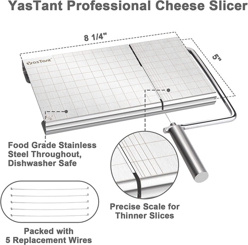 YasTant Professional Cheese Slicer for Block Cheese, Luxury Size Cheese Cutter Stainless Steel Cheese Slicer Board with Wire Cutter Heavy Duty, Perfect for Soft Semi Hard Cheese Grey
