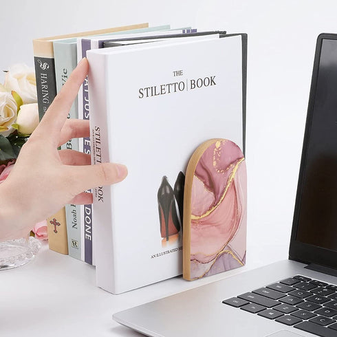 2 PCS Wood Book Ends,Pink Glitter Rose Gold Marble Bookends for Shelves Non-Skid Book Stand for Home Office School Sturdy Book Holders for Heavy Books 5x3 inch