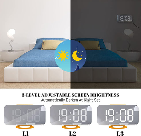 WulaWindy Digital Alarm Clock, Large Mirrored LED Display, with USB Charger, Snooze Function Dim Mode Wall Hanging Beside Desk Clock for Bedroom (Orange)