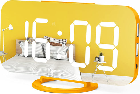 WulaWindy Digital Alarm Clock, Large Mirrored LED Display, with USB Charger, Snooze Function Dim Mode Wall Hanging Beside Desk Clock for Bedroom (Orange)