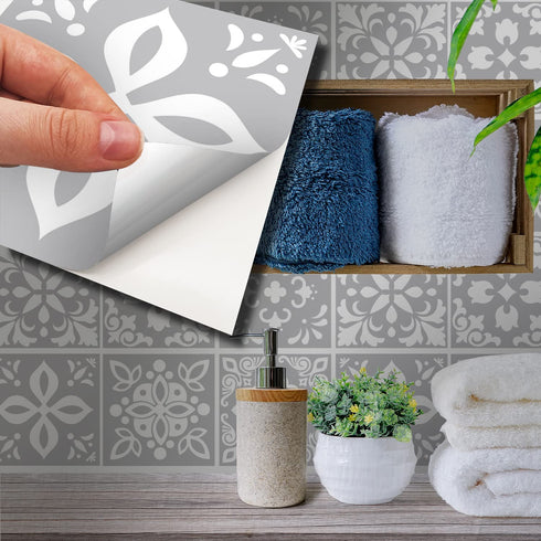 WALPLUS 24pcs 6" Peel and Stick Tiles Stickers Tile Paint Backsplash Removable Waterproof Self-Adhesive Decals Vinyl Home Kitchen Bathroom Decor (Andalu Light Grey)