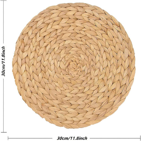 WENFOME 4 Pack Water Hyacinth Woven Placemats, 11.8 inches Natural Water Hyacinth Weave Placemat Set Round Braided Rattan Tablemats Insulation Pads for Cooking and Baking (4, 11.8 Inch)