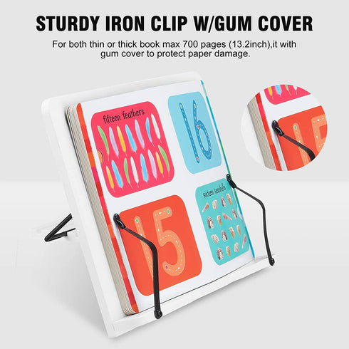 Book Stand Holder for Reading Hands Free Textbook Paper Stand Holders 13.2inch Medium 6 Angle Adjustable Lightweight Portable Foldable Sturdy White Desk Stand for Tablets Surface iPad and More
