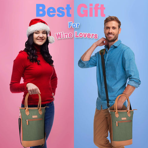 Tirrinia Insulated Wine Carrier Tote - Travel Padded 2 Bottle Wine/Champagne Cooler Bag with Handle and Adjustable Shoulder Strap, Great Wine Lover Gift, Olive