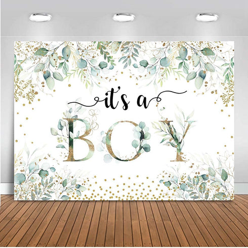 Mocsicka It's a Boy Backdrop 7x5ft Greenery Eucalyptus Baby Shower Party Decorations Banner Summer Green Leaves Boy Baby Shower Photography Background