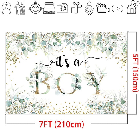 Mocsicka It's a Boy Backdrop 7x5ft Greenery Eucalyptus Baby Shower Party Decorations Banner Summer Green Leaves Boy Baby Shower Photography Background