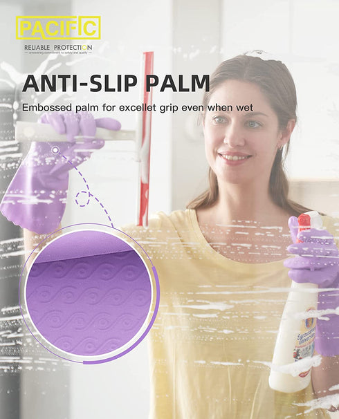 PACIFIC PPE 4 Pairs Reusable Dishwashing Cleaning Gloves with Latex Free, Cotton Lining, Kitchen Gloves, Purple, Medium