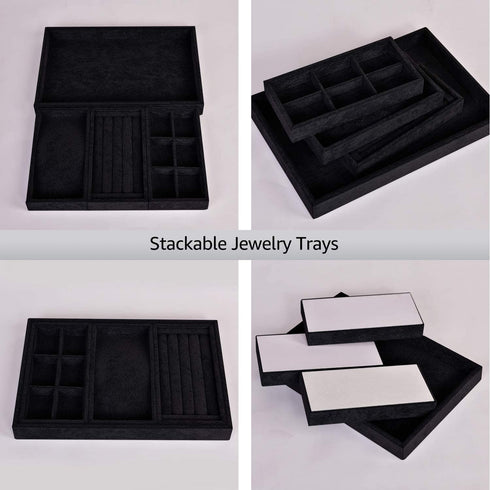 VIEFIN Jewelry Organizer Jewelry Box For Women Girls, Earring Organizer Ring Bracelet Holder Travel Jewelry Case, Velvet Stackable Necklace Jewelry Gift Boxes Dishes Display Trays Closet Storage For Teen Girls Kids Men - 3 in 1, Black