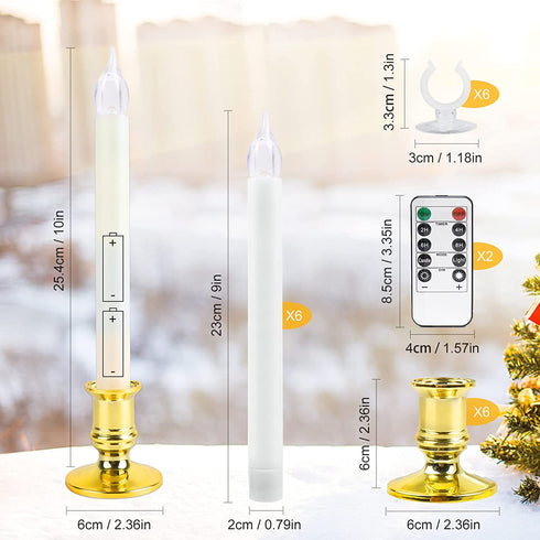Window Candles for Christmas Decorations, Deaunbr Battery Operated 6 Pack LED Lights Electric Taper Flameless Candle with 2 Remote,Timers,6 Holders for Valentine's Day, Home Party Decor - White & Gold