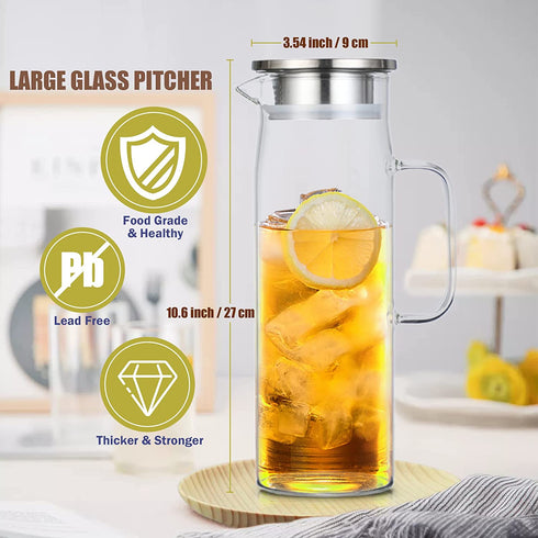 Glass Pitcher with Stainless Steel Lid, ANZUSY 48 Ounces/1.4 Litre Water Carafe with Handle Coffee Glass Jug for Iced Tea, Hot/Cold Water, Coffee, Juice, Milk, Lemonade & Cold Brew