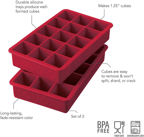 Tovolo Perfect Ice Mold Freezer Tray of 1.25" Cubes for Whiskey Bourbon, Spirits & Liquor, BPA-Free Silicone, Fade Resistant, Set of 2, Cayenne