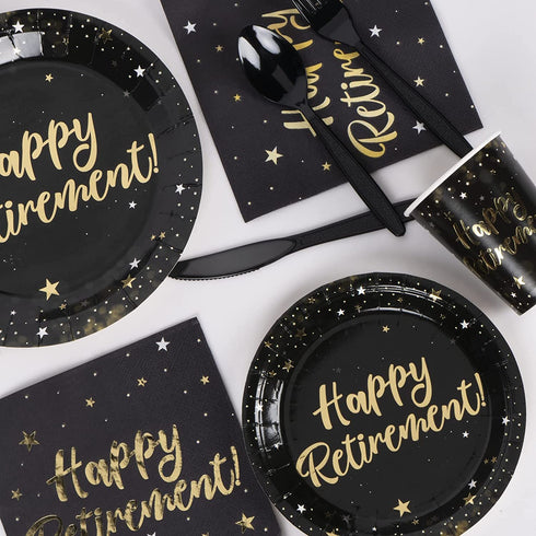 Decorlife Retirement Plates and Napkins Sets Serves 16, Retirement Party Supplies Includes Plates Set, Happy Retirement Banner, Fringe Curtains and Balloons, Total 136 PCS