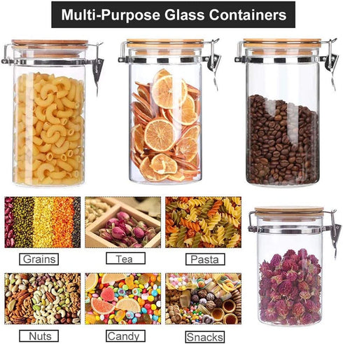 Lanyani Airtight Storage Glass Jars with Bamboo Clamp Lids and Spoons, Leak Proof Clear Glass Container Kitchen Food Storage Canister Set for Coffee, Flour, Sugar, Candy, Cookie(1 40oz Jar+Spoon)