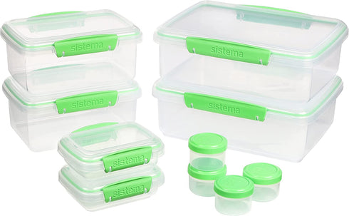 Sistema | 6 Plastic Lids | 4 Dressing to Go Pots | BPA-Free | 10 Freezer/Fridge/Pantry Klip IT Food Storage Containers, Assorted, Clear/Green