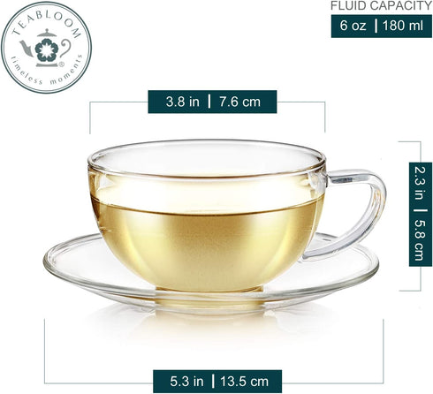 Teabloom Kyoto Teacup and Saucer Set 2-Pack Standard Teacup Size 6 OZ/ 180 ML Capacity Crystal Clear Design Healthful Premium Borosilicate Glass Heat Resistant, Microwave Safe