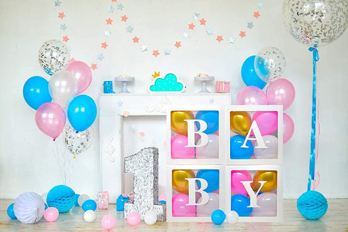 Baby Clear Boxes 4 pcs 12" by Serene Selection, 40 Balloons Included, for Boy or Girl BabyShower, Gender Reveal Party Supplies, Blocks with Letters for Baby Shower, Backdrop Block Party Decorations