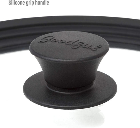 Goodful Universal Lid for Pots, Pans and Skillets, Tempered Glass Steam Vented, Graduated Silicone Rim Fits 9.5" to 12" Cookware, Replacement Top, Large, Black