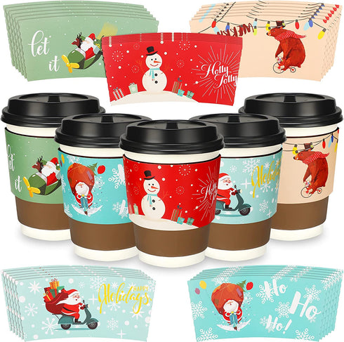 40 Pieces Christmas Coffee Cup Tea Cup Sleeves Disposable Paper Cup Sleeves with 5 Custom Xmas Designs for Christmas Hot Chocolate, Coffee, Cocoa, Tea or Cold Beverage, Fits 12 oz to 16 oz