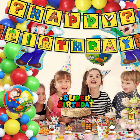 delaimastor Mario Balloon Garland Arch Kit Video Game Birthday Party Decoration Supplies Includes Happy Birthday Banner Perfect for Kids Boys Girls Birthday Party Decorations