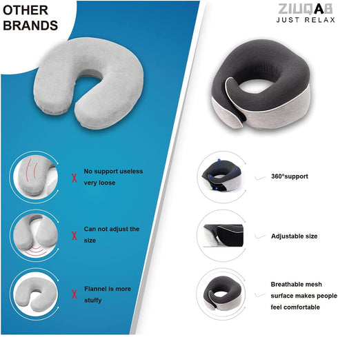 ZIUQAB Travel Pillow, Memory Foam Travel Neck Pillow with Velcro, 360-Degree Head Support with Storage Bag for Airplane, Car, Travel, Camping, Bus, Train