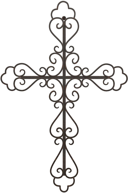 Lavish Home Handmade Short Flat White Mango Wood Vase Metal Cross Fleur De Lis Design-Rustic Handcrafted Religious Wall Art for Decor in Living Room, Bedroom, 15.5" x .7" x 23.3?, Black