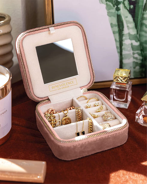 Plush Velvet Travel Jewelry Box Organizer | Travel Jewelry Organizer Box, Travel Jewelry Case | Small Jewelry Box for Women, Jewelry Travel Case | Earring Organizer with Mirror - Dusty Pink