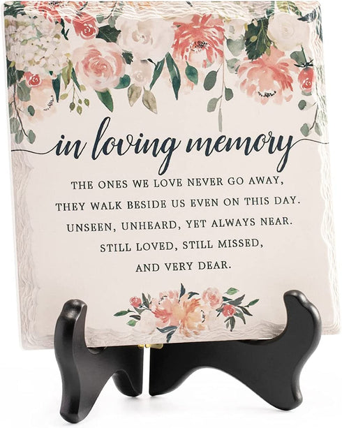 LukieJac In Loving Memory Ceramic Tile with Wooden Stand, Remembrance Sympathy Gifts for Loss of Loved One- Bereavement/Condolences/Grief Gifts-Funeral Decor Sorry for Your Loss -Flowers(3 Options)