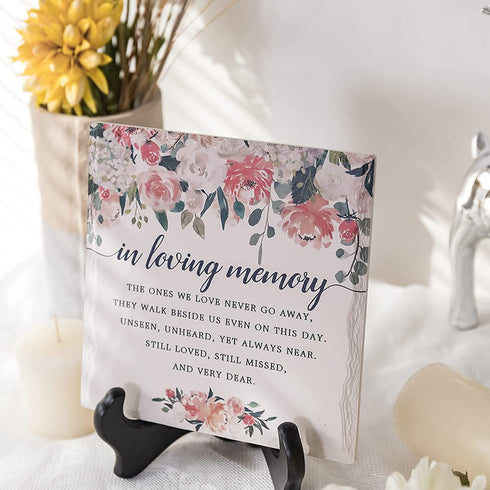 LukieJac In Loving Memory Ceramic Tile with Wooden Stand, Remembrance Sympathy Gifts for Loss of Loved One- Bereavement/Condolences/Grief Gifts-Funeral Decor Sorry for Your Loss -Flowers(3 Options)