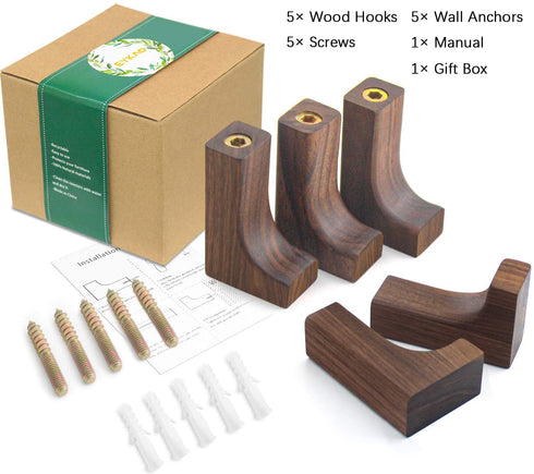 Eykao Wooden Wall Hooks, 5 Pack Black Walnut Wood Coat Hooks, Wall Mount Rustic Hat Rack for Hanging Scarves, Purses, Towel or Umbrellas (L Shape-Black Walunt)