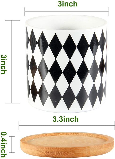 Succulent Pots, ZOUTOG 3 inch Ceramic Mini Succulent Planter Pot, Geometric Pattern Round Small Flower Pots with Drainage and Bamboo Tray, Pack of 6 - Plants Not Included