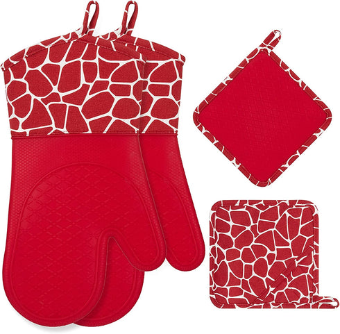 Bobalaly Silicone Oven Mitts and Pot Holders Set 500 F Heat Resistant Oven Gloves Flexible for Kitchen Cooking Baking Grilling Microwave with Quilted Liner BPA Free Non-Slip (Red)