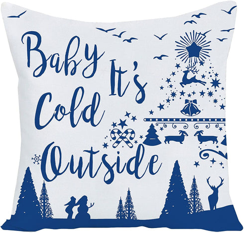 WILPROO Set of 4 Happy Winter Snowflake Merry Christmas Tree Blue Castle Deer with Snowman Cotton Linen Throw Pillow Case Cushion Cover Decorative for Sofa Living Room Square 22X22 Inches