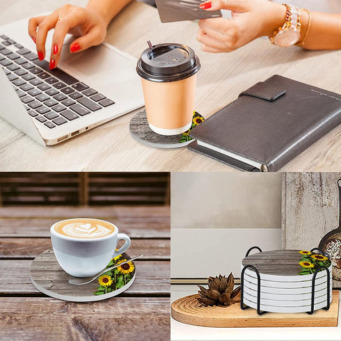 ZEREAA Sunflowers Absorbent Coasters for Drinks-Creamic Coaster with Holder, Set of 6 Wood Texture Ceramic Stone Cups Coaster with Cork Base for Coffee, Living Room Bar Office Table Decor