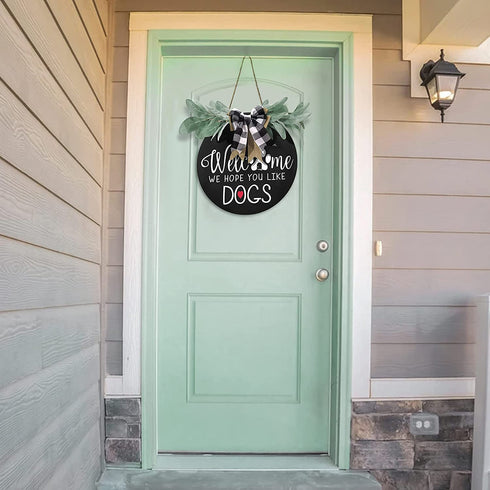 Welcome Sign for Front Door Decor - We Hope You Like Dogs,Outdoor Wooden Wreath Sign Farmhouse Door Hanger Sign with Eucalyptus Leaves and Buffalo Plaid Bow for Dogs Lovers Christmas Housewarming Gift