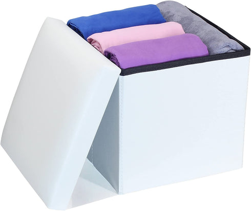 NISUNS OT01 Leather Folding Storage Ottoman Cube Footrest Seat, 12 X 12 X 12 Inches (White)