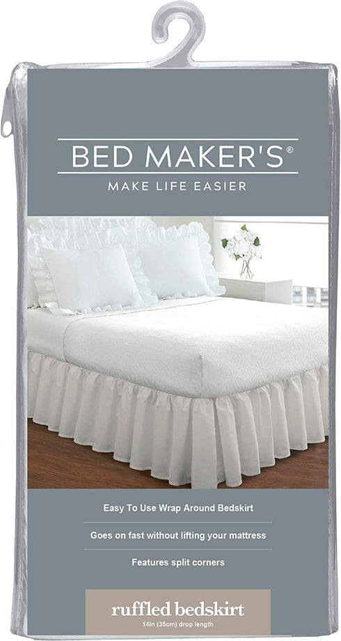 Bed Maker™s Never Lift Your Mattress Microfiber Wrap-Around Bed Skirt, Gathered Ruffled Style, Classic 14 Inch Drop Length, Queen, White