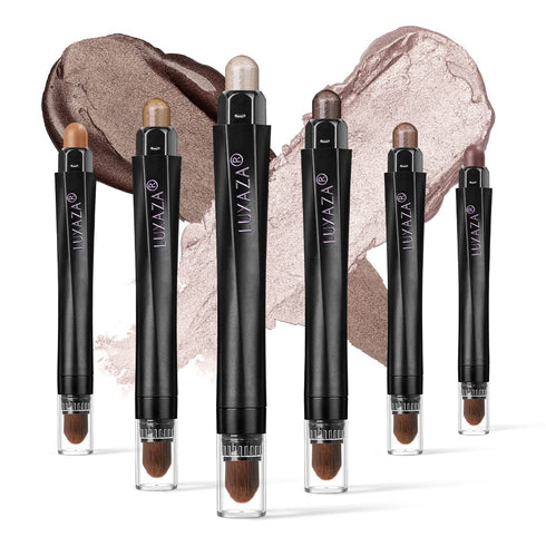 LUXAZA 6 PCS Brown Neutral Metallic Eyeshadow Stick Set, Champagne Cream Eye Shadow Pencil Crayon Brightener Highlighter Makeup Stick Kit, Hypoallergenic Waterproof Shimmer Eyeliner Make Up