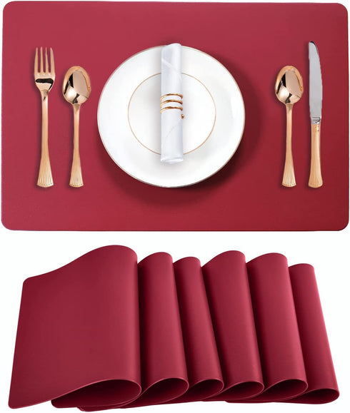FYIN-HONG Leather Placemats Set of 6, Premium Quality Heat Resistant Faux Leather Placemat, Waterproof Wipeable Dining Table Mats Easy to Clean for Kitchen Dining Eating Indoor & Outdoor, Burgundy Red