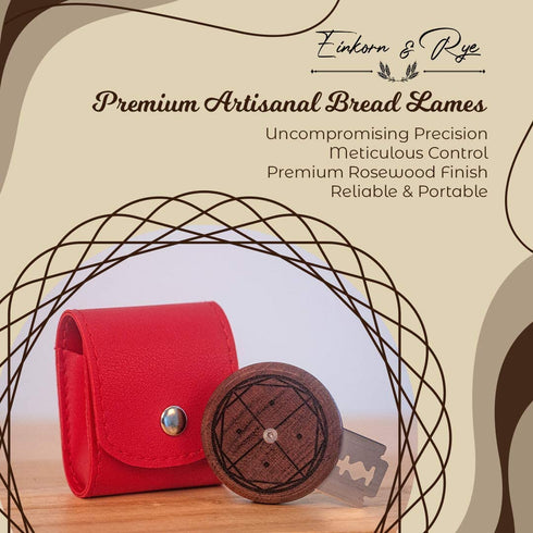 EINKORN & RYE Artisanal Round UFO Lame - Premium Crafted Leather Case and 5 Blades Included - Ambidextrous Bakers Tool for Scoring Dough