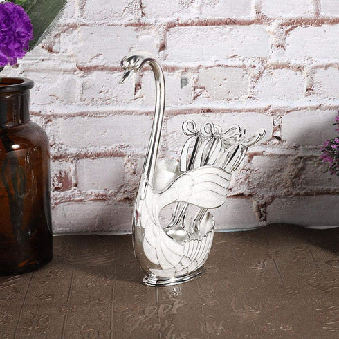 Metal Coffee Dessert Spoon Set with Holder, Swan for Spoons Fruit Dessert Flatware Swan Base Holder Spoon Organizer with 6pcs Coffee Dessert Sugar Ice Cream Spoon (Silver)