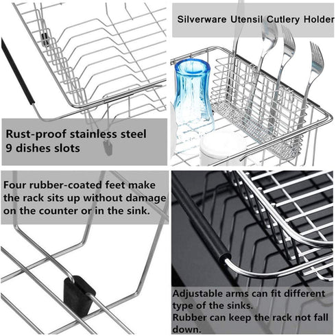 SANNO Large Expandable Dish Drying Rack with Utensil Cutlery Holder Sink Dish Rack, Deep Large Dish Drainer Dish Rack in Sink On Counter, Stainless Steel