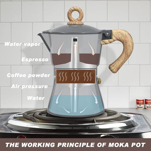 KASSO Stovetop Espresso Maker, 6 Cup Aluminum Moka Pot for Classic Espresso, Italian Coffee Maker for Home and Camping, Easy to Operate & Quick Cleanup (Grey and Burlywood)