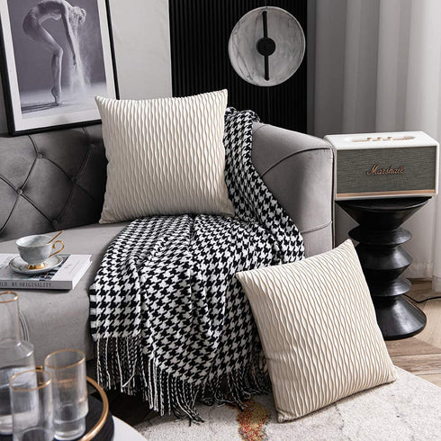 DEZENE Ivory White Couch Pillow Covers: 2 Pack 20x20 Inch Original Striped Velvet Square Throw Pillow Cases for Farmhouse Home Decor