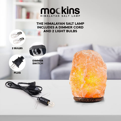 Mockins 6-8" Tall 5-7 lbs Natural Hand Carved Himalayan Salt Lamp with Dimmer Cord & Beautiful Wood Base - Includes Extra Light Bulb | Authentic from The Himalayan Mountains in Pakistan