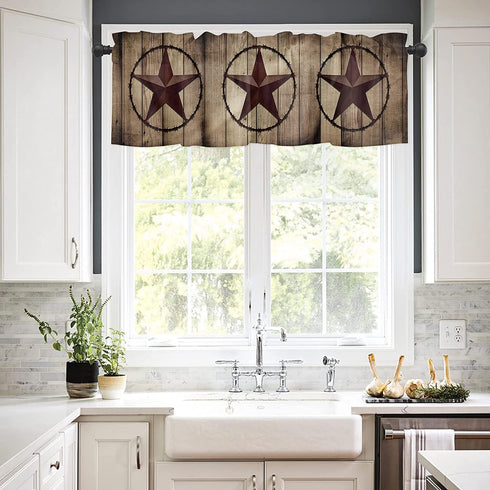 Western Texas Star Window Curtain Valance for Living Room/Kitchen/Bathroom/Farmhouse, Retro Rustic Wooden Boards Short Rod Pocket Tier Curtain Window Treatment, 1 Panel 54x18