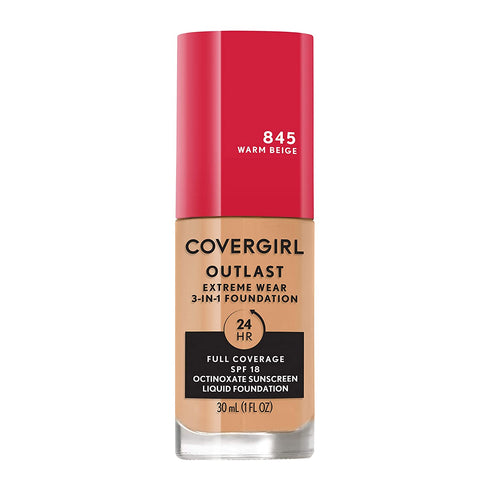 Covergirl Outlast Extreme Wear 3-in-1 Full Coverage Liquid Foundation, SPF 18 Sunscreen, Warm Beige, 1 Fl. Oz.